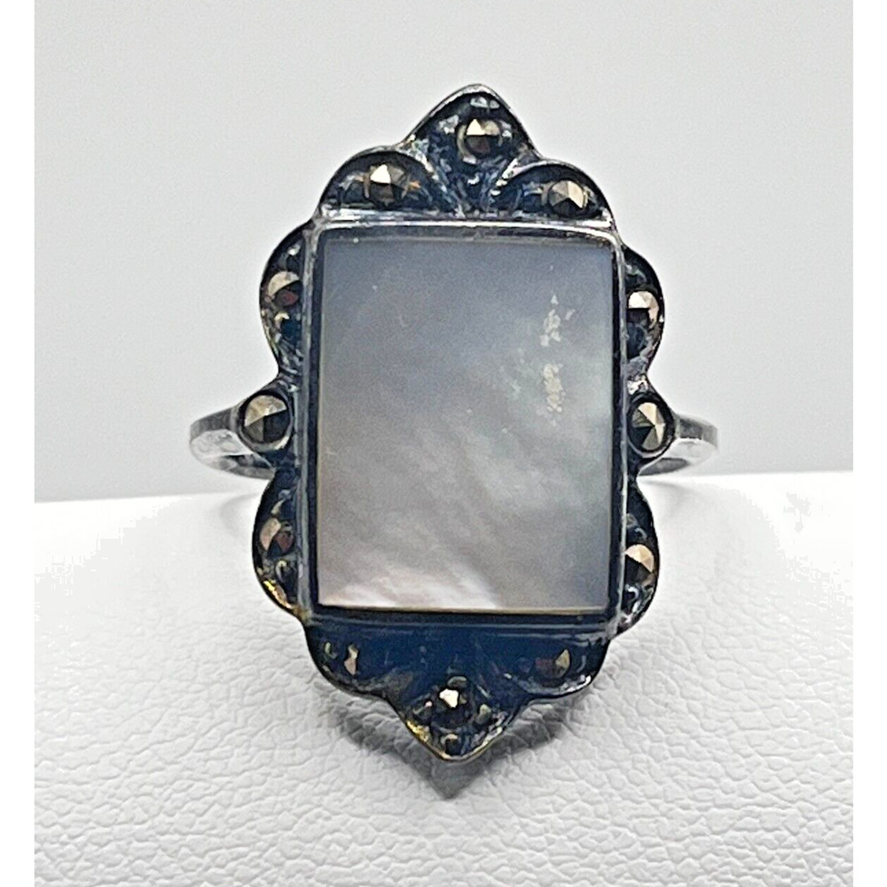 Antique Silver 925 Ring Mother of Pearl, Signed CFJ Sz: 8